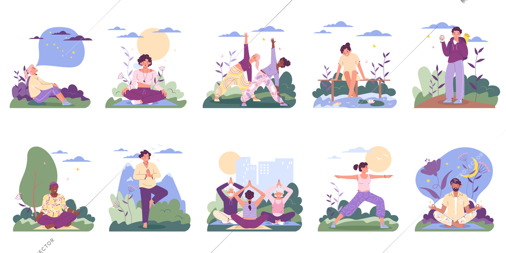 Retreat set of people practising yoga and spiritual meditation outdoors alone and in class flat isolated vector illustration