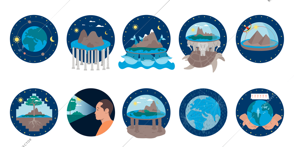 Flat set of icons with various earth theories isolated on white background vector illustration