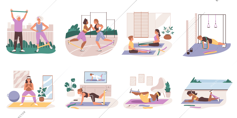 Fitness elastic bands flat set of isolated compositions with doodle views of people with workout equipment vector illustration