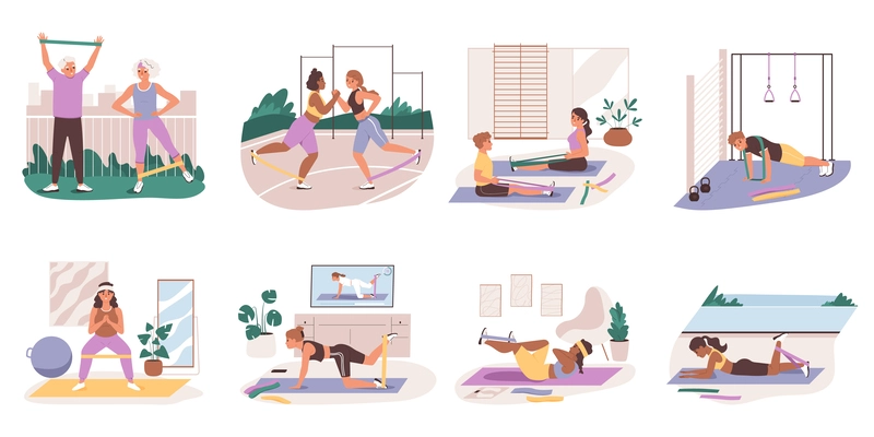 Fitness elastic bands flat set of isolated compositions with doodle views of people with workout equipment vector illustration