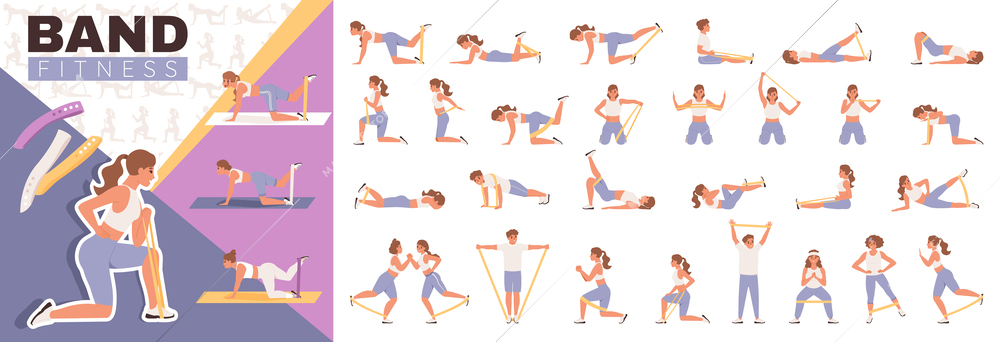 Band fitness flat composition with male and female characters training body muscles using elastic bands vector illustration