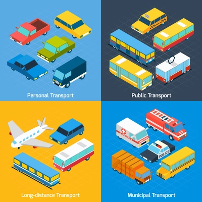 Transport design concept set with public personal long-distance and municipal isometric icons set isolated vector illustration