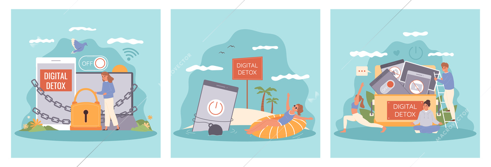 Digital detox flat square illustrations with people relaxing in nature isolated vector illustration