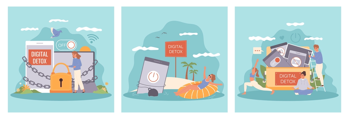 Digital detox flat square illustrations with people relaxing in nature isolated vector illustration