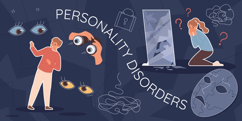 Personality disorders flat collage with paranoid male person and young girl feeling anxiety vector illustration