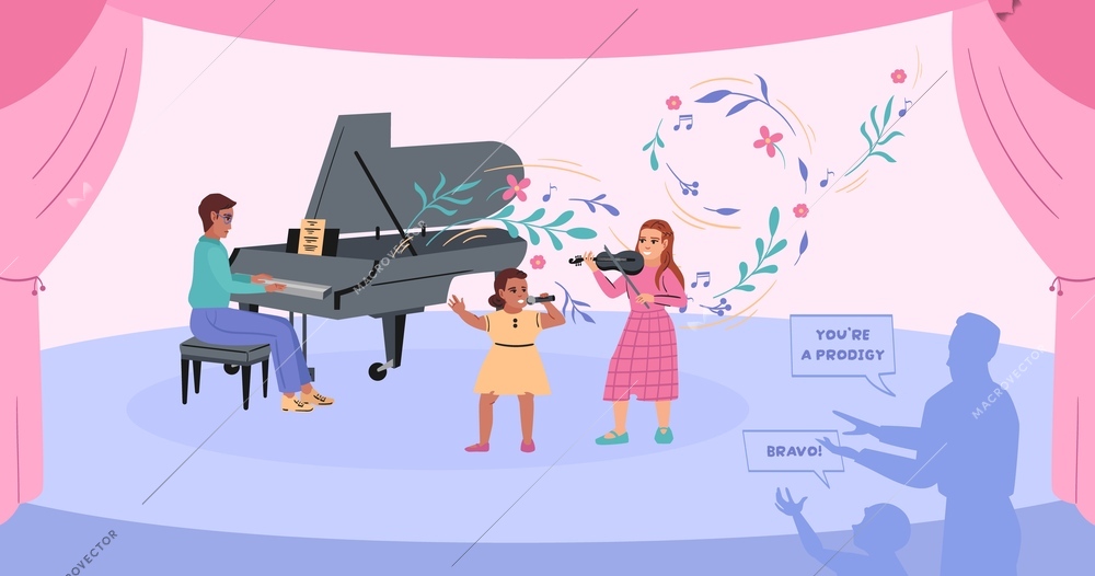 Genius prodigy flat composition with doodle style characters of talented teenagers playing musical instruments on stage vector illustration