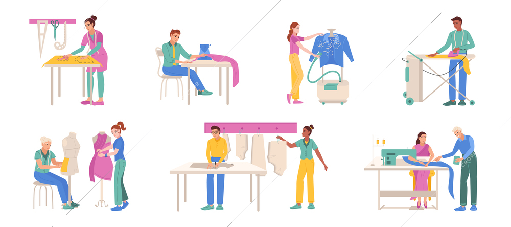 Garment production flat set of isolated compositions with human characters of tailors with tools sewing machines vector illustration
