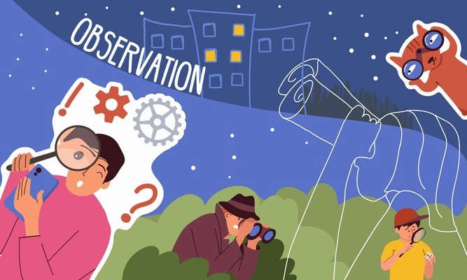 Observation flat collage with people and animals using binoculars and magnifying glass vector illustration