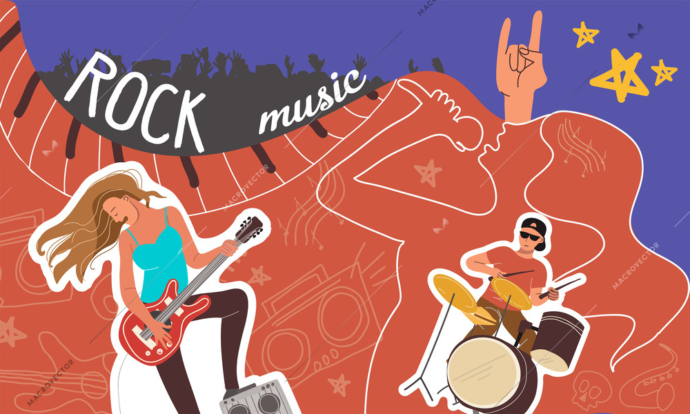 Rock music color collage with male and female musicians flat vector illustration