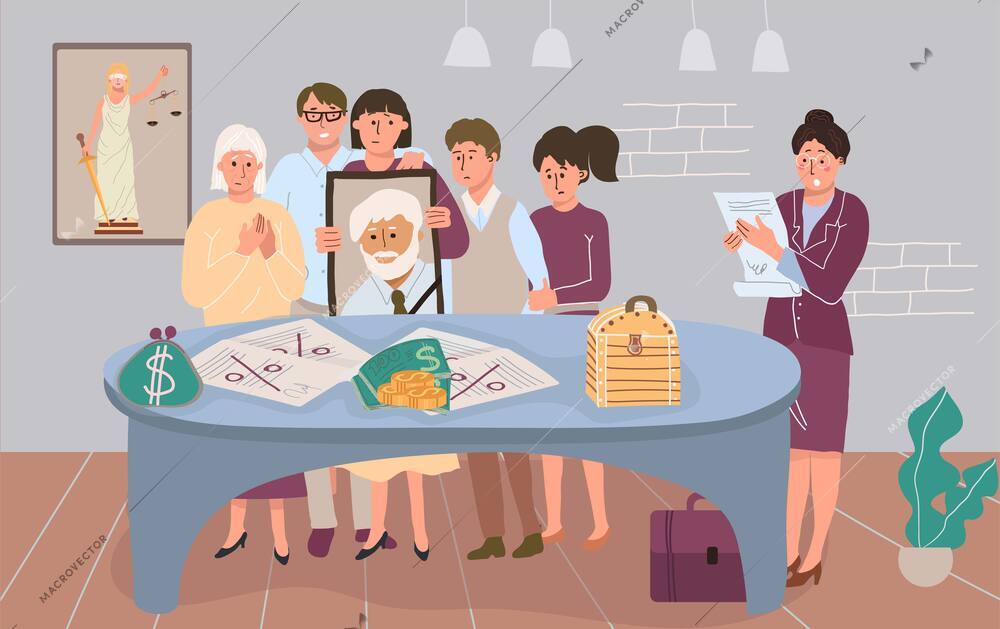Family members dividing inheritance after death of their relative flat vector illustration