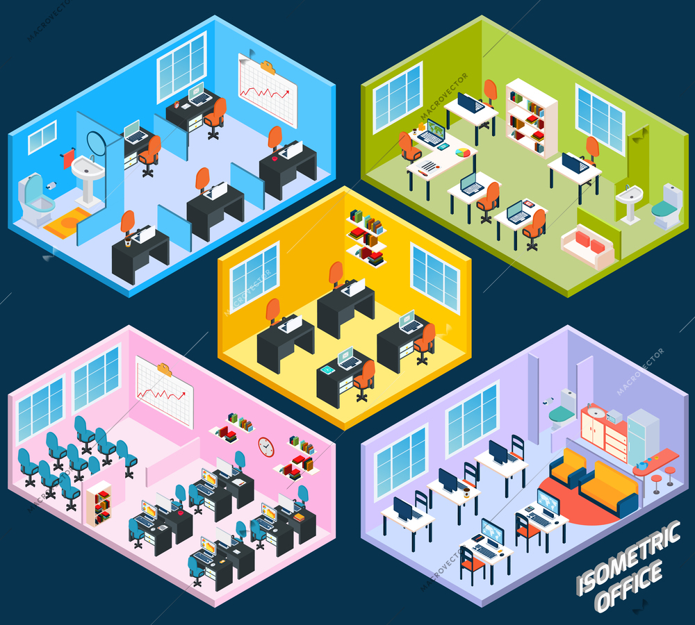 Isometric office interior with working conference and meeting room elements isolated vector illustration