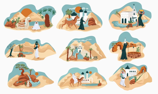 Flat set of oasis landscapes with people animals and buildings isolated vector illustration