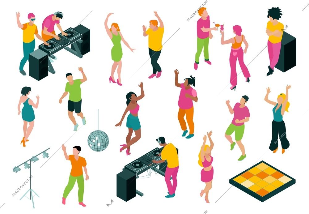 Set with isolated dj party icons with isometric human characters of dancing people and disk jockey vector illustration