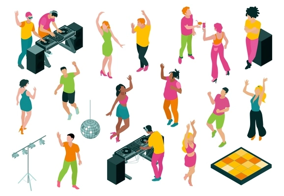 Set with isolated dj party icons with isometric human characters of dancing people and disk jockey vector illustration