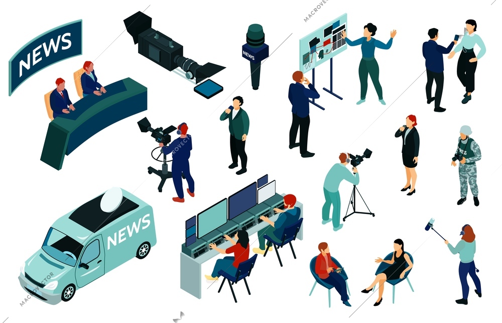 Isometric journalist set with isolated icons of news van studio equipment and camera picture crew members vector illustration