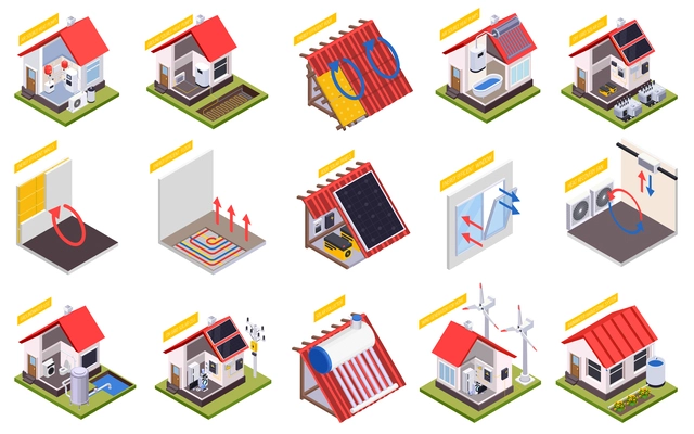 Smart efficient heating and cooling climate systems isometric set of isolated house technology air circulation icons vector illustration