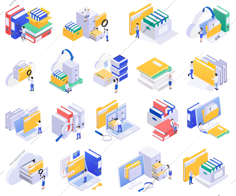 Archive documents processing isometric set of isolated icons with small human characters paper folders and computers vector illustration