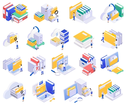 Archive documents processing isometric set of isolated icons with small human characters paper folders and computers vector illustration