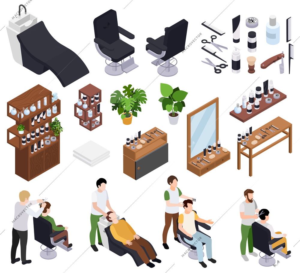 Barbershop hair salon isometric set of isolated icons with interior elements barbers tools and human characters vector illustration