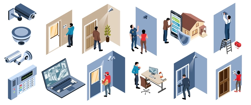 Set with isometric home security compositions with icons of cctv cameras computers houses and human characters vector illustration