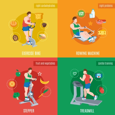 Exercise machines design concept set with bike rowing machine stepper treadmill flat icons isolated vector illustration