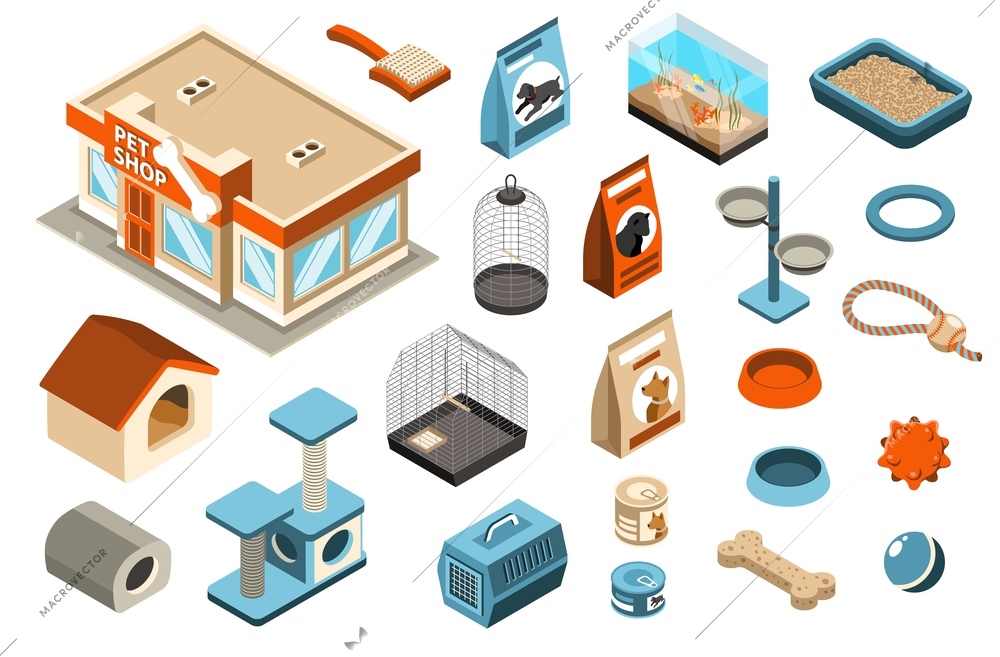 Isometric pet shop set with isolated icons of puppy chow transfer box bird cages and aquarium vector illustration