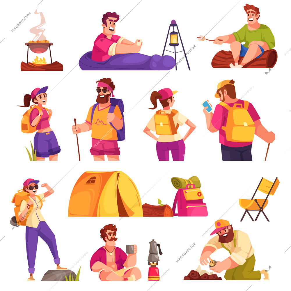 Happy people going hiking with various equipment for camping flat set isolated vector illustration