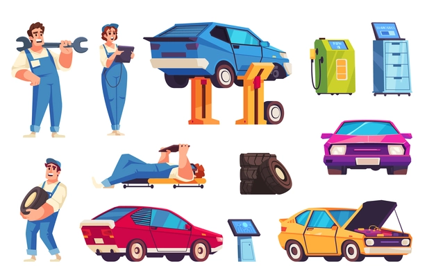 Auto service flat set with cars and smiling mechanics isolated vector illustration