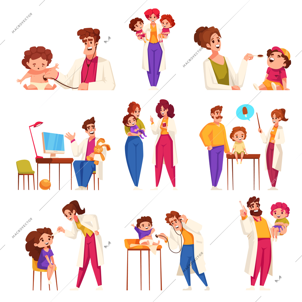 Flat set of friendly male and female pediatricians examining babies and children isolated vector illustration