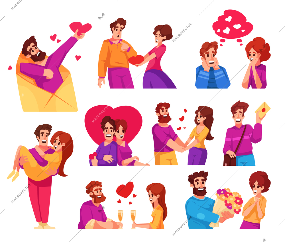 Be my valentine flat set of happy couples in love during date isolated vector illustration