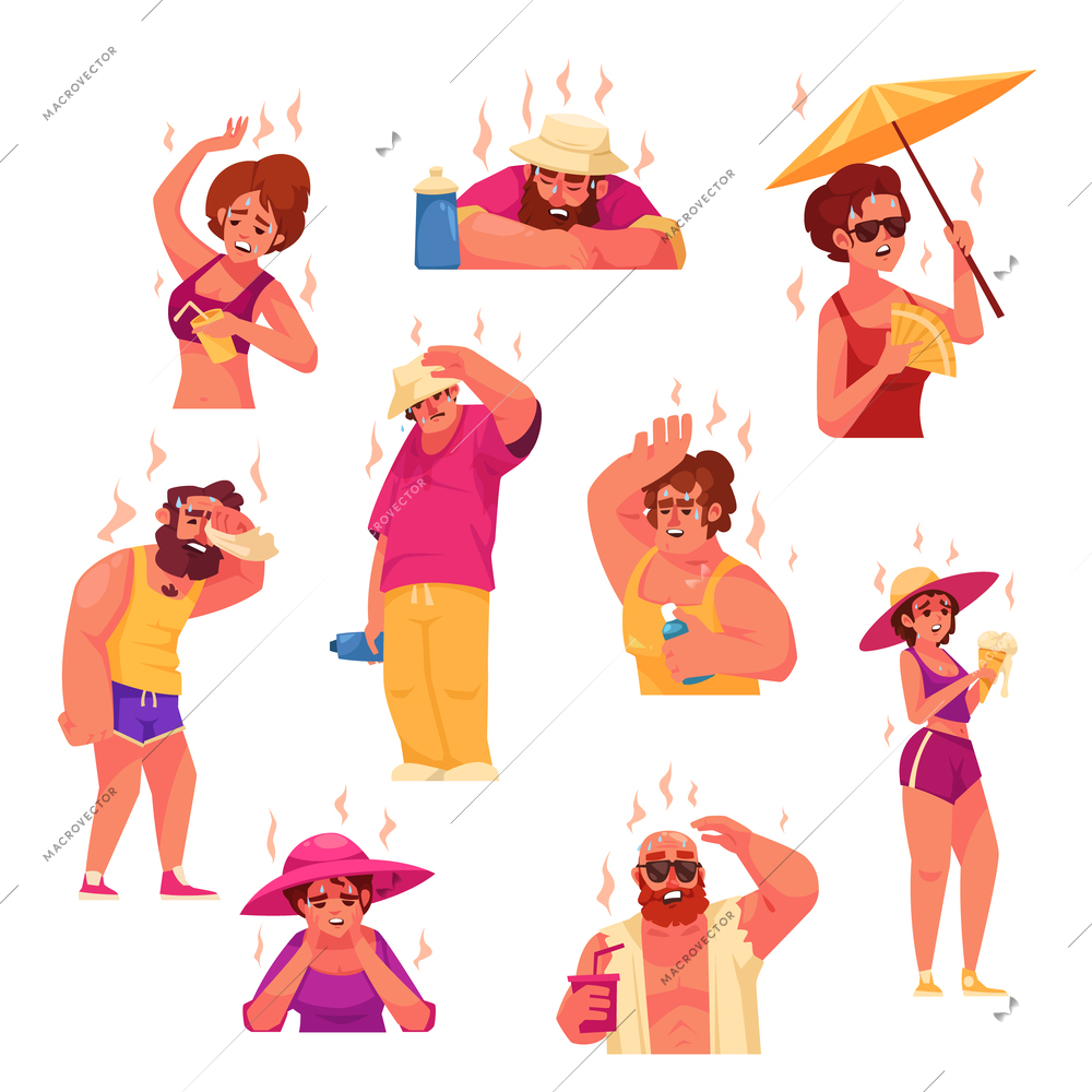 Flat set of men and woman suffering from heatstroke and hot weather isolated vector illustration