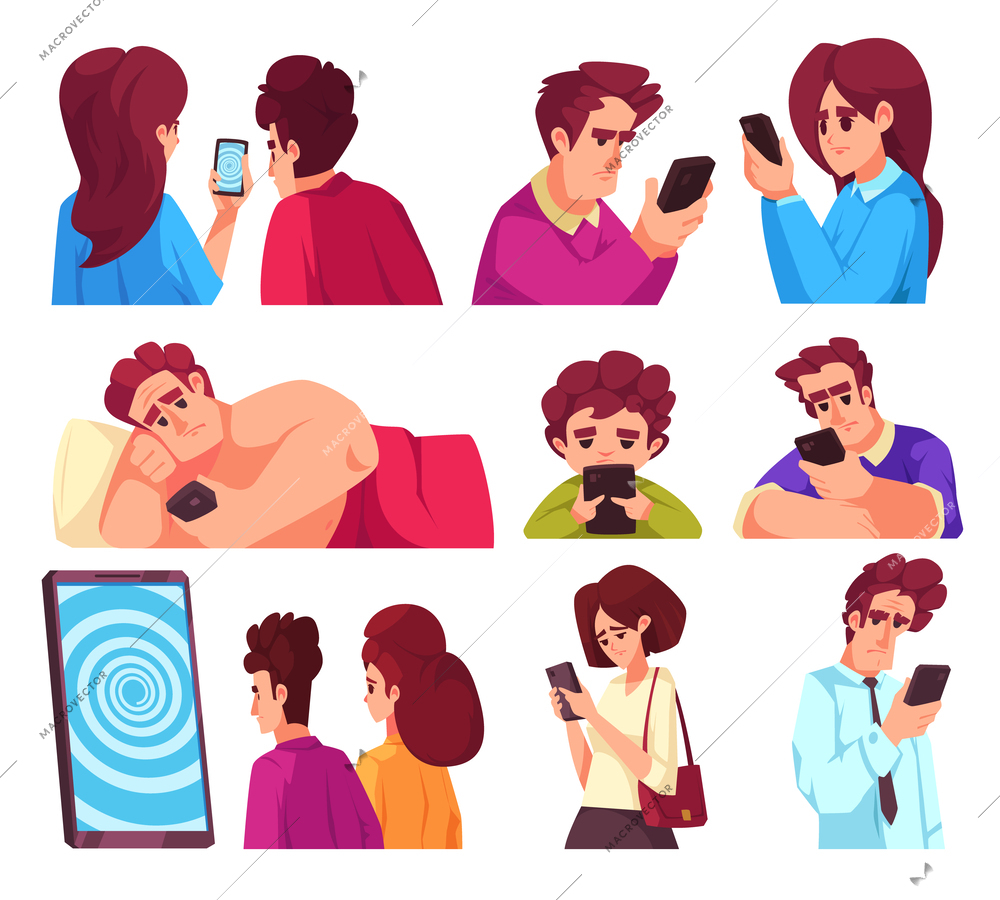 Gadget internet and social networks addiction flat set with frustrated people using smartphones isolated vector illustration