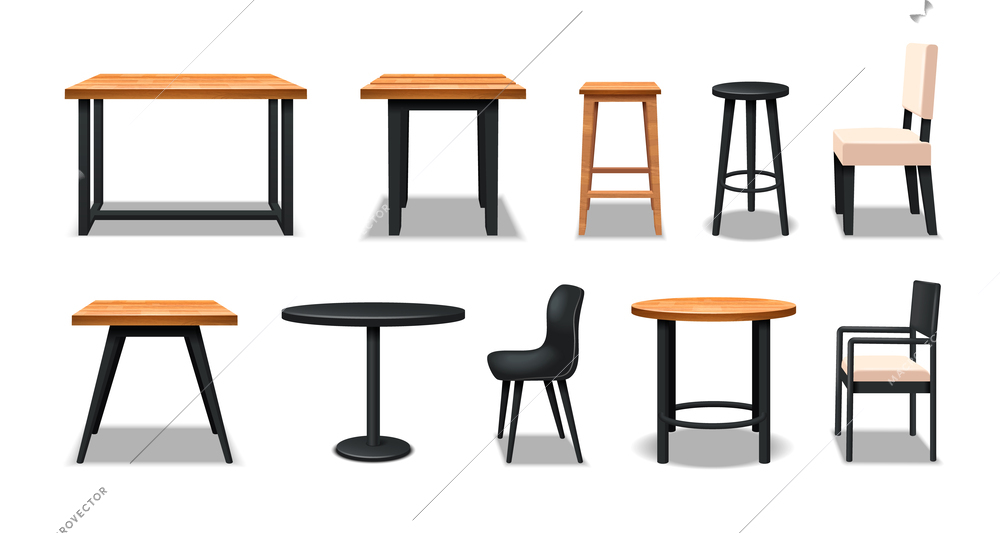 Cafe and bar realistic furnuture icons set with wooden chairs and tables isolated vector illustration