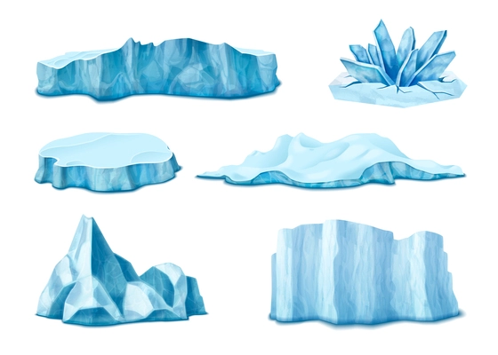 Iceberg realistic icons set with glaciers on white background isolated vector illustration