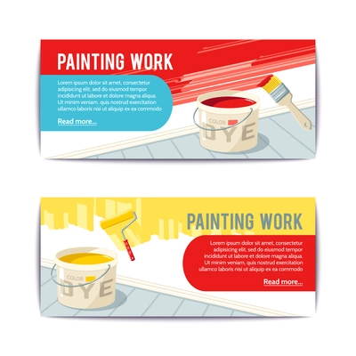 Painting work horizontal banners set with bucket brush and roller isolated vector illustration