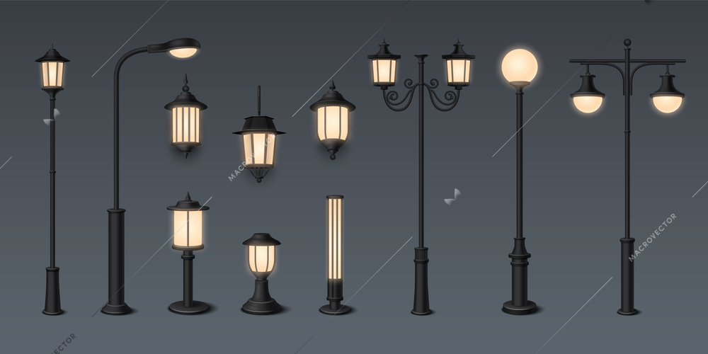 Street lamp realistic icons set with old style outdoor lamps on dark background isolated vector illustration
