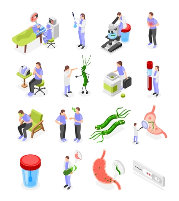 Helicobacter pylori isometric set of people infected with pathogenic bacterium being tested and doing gastroscopy procedure isolated vector illustration
