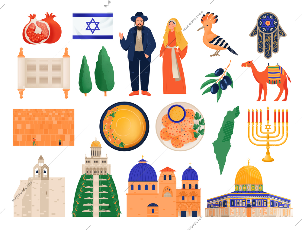 Israel travel flat set of cuisine architecture fauna and culture elements isolated vector illustration