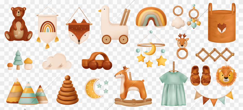 Cartoon collection of baby toys in boho style made from wood and textile isolated at transparent background realistic vector illustration