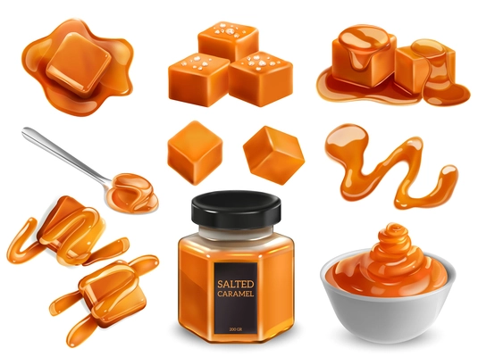 Salted caramel realistic set of melting caramel cubes syrup spill and sweet sauce in jar isolated vector illustration