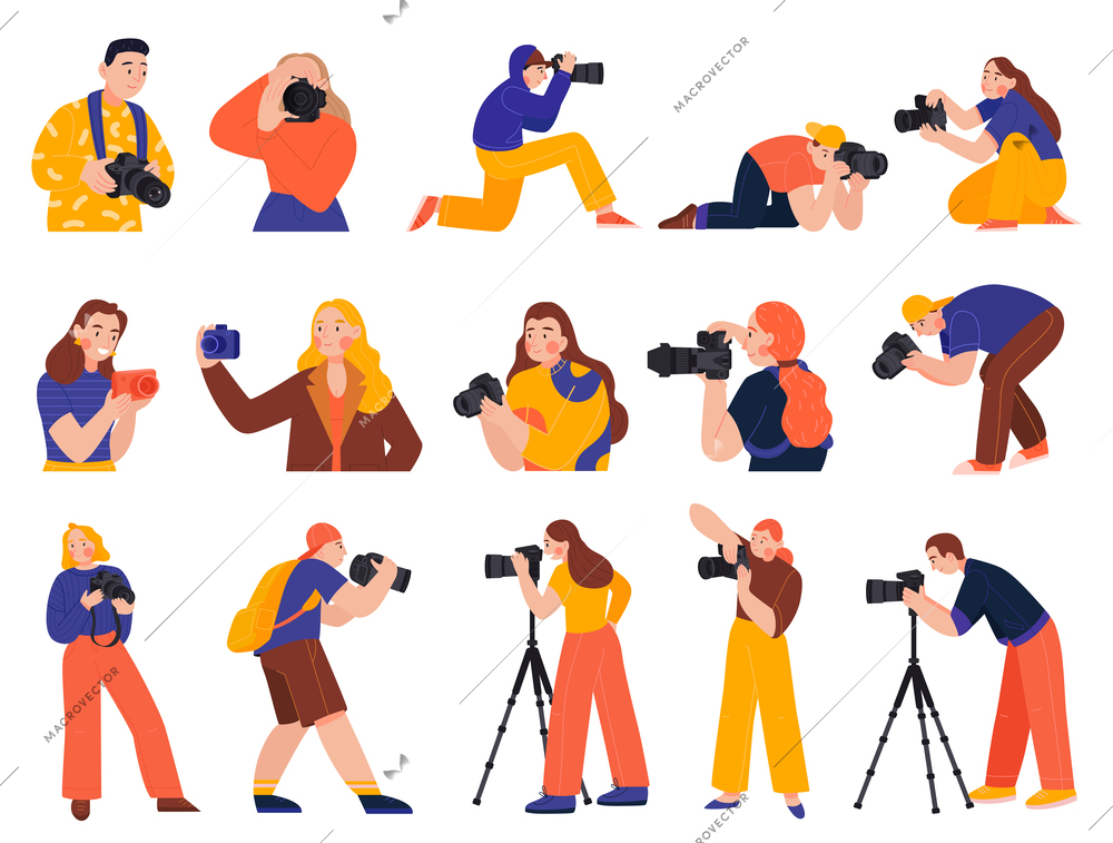 Photographer flat icons set of male and female characters with camera isolated vector illustration