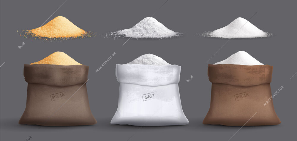 Cane sugar white sugar and salt realistic set of isolated images with powder piles and sacks vector illustration