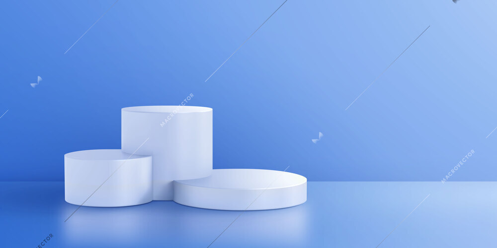 Color podium composition for cosmetic product presentation with pure white pedestals on blue background with reflections vector illustration