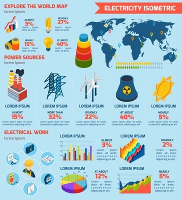 Electricity isometric infographics set with power and energetics industry symbols and charts vector illustration