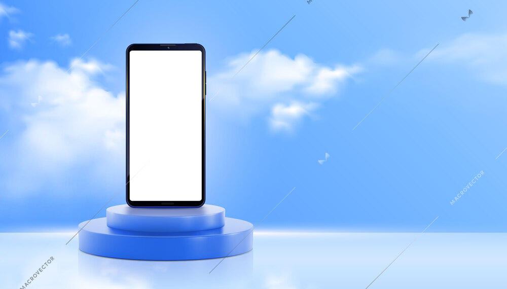 Blank smartphone screen standing on podium realistic composition with blue sky background with clouds and reflections vector illustration