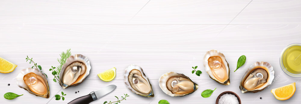 Oysters realistic composition on white background with top view of gourmet food lemon slices and greens vector illustration