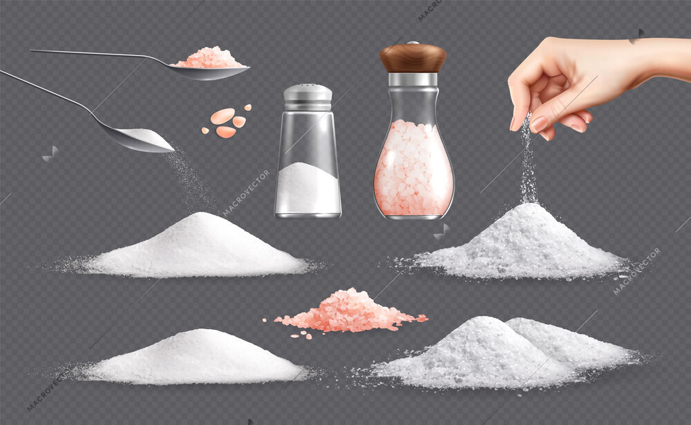 Salt heap realistic set with isolated images of white and pink powder piles with cellars spoons vector illustration