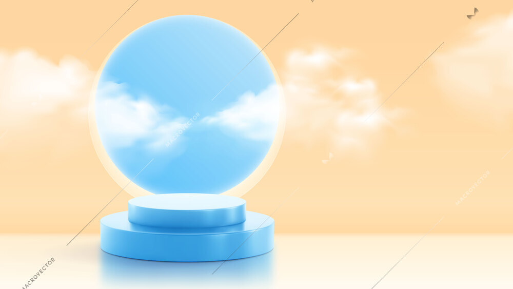 Summer podium composition with blue sky in circle and light brown background with lights and reflections vector illustration