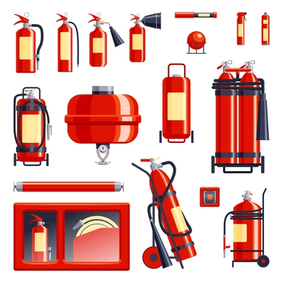 Fire extinguisher set with isolated icons of fire fighter bottles of different size from various angles vector illustration