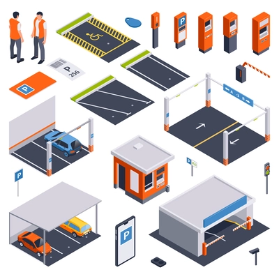 Isometric parking set of isolated icons with automatic cash register machines turnpikes asphalt laying and people vector illustration